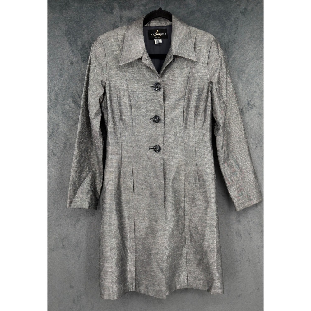 Vintage JS Collections Jacket Women Size 6 Silver Metallic Button Beaded Dressy